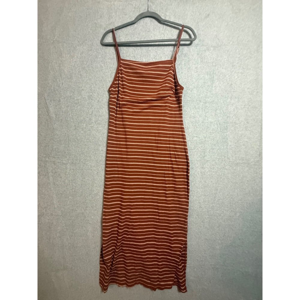 Say What Womens Rust Brown Striped Ribbed Midi Bodycon Dress XL Side Slit